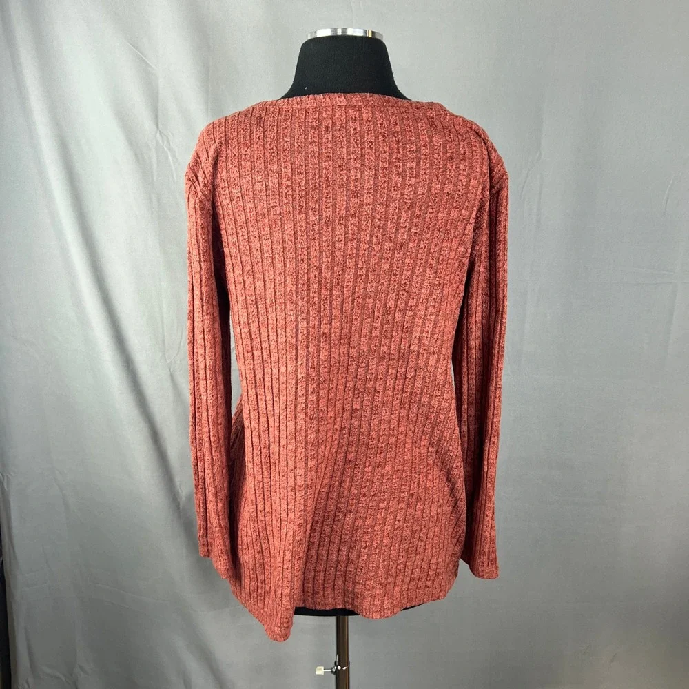 Double Take Cardigan Sweater Womens S Brick Red Ribbed Texture Dual Patch Pocket